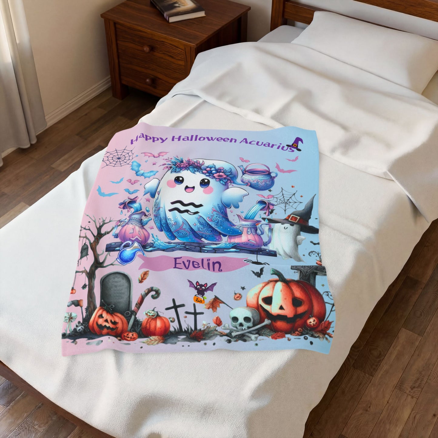 Personalized Aquarius Halloween Blanket for Girls, Custom Name Zodiac Toddler Halloween Throw