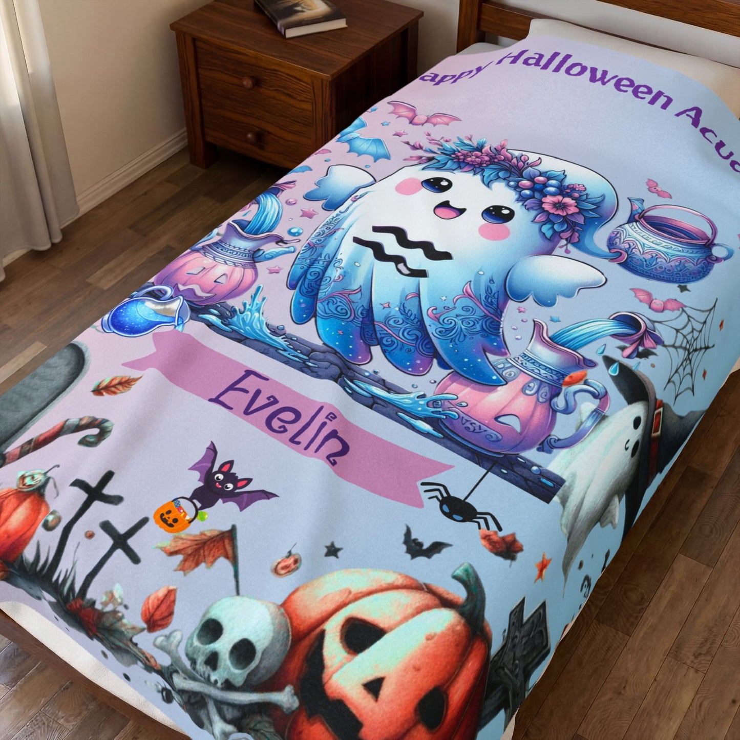 Personalized Aquarius Halloween Blanket for Girls, Custom Name Zodiac Toddler Halloween Throw