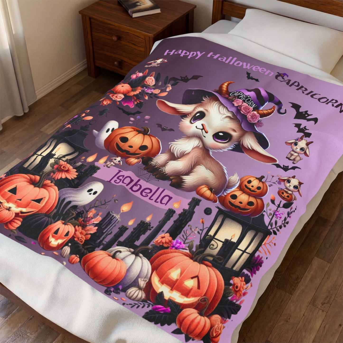 Personalized Capricorn Halloween Blanket for Girls, Custom Name Zodiac Toddler Halloween Throw