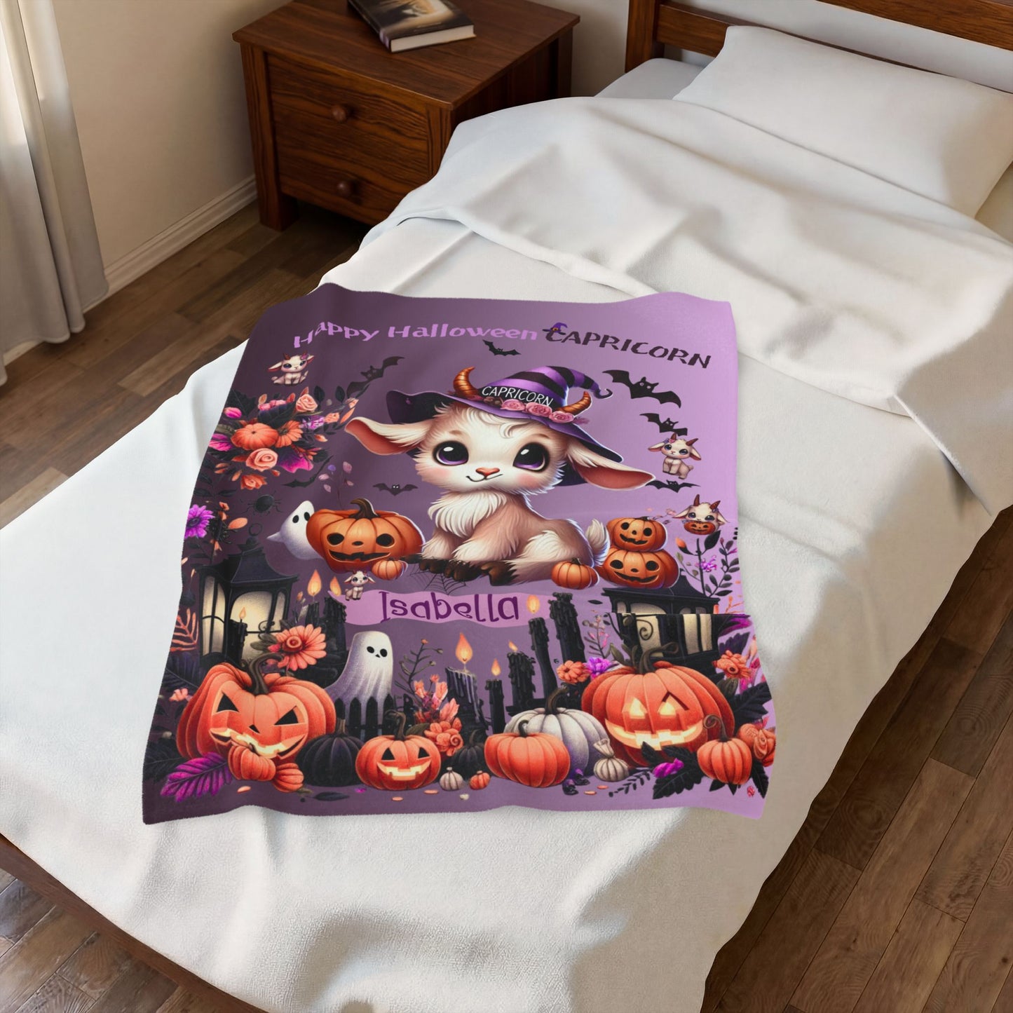 Personalized Capricorn Halloween Blanket for Girls, Custom Name Zodiac Toddler Halloween Throw
