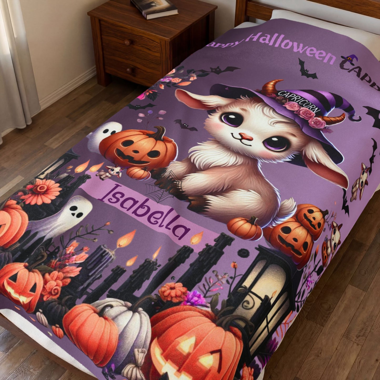 Personalized Capricorn Halloween Blanket for Girls, Custom Name Zodiac Toddler Halloween Throw