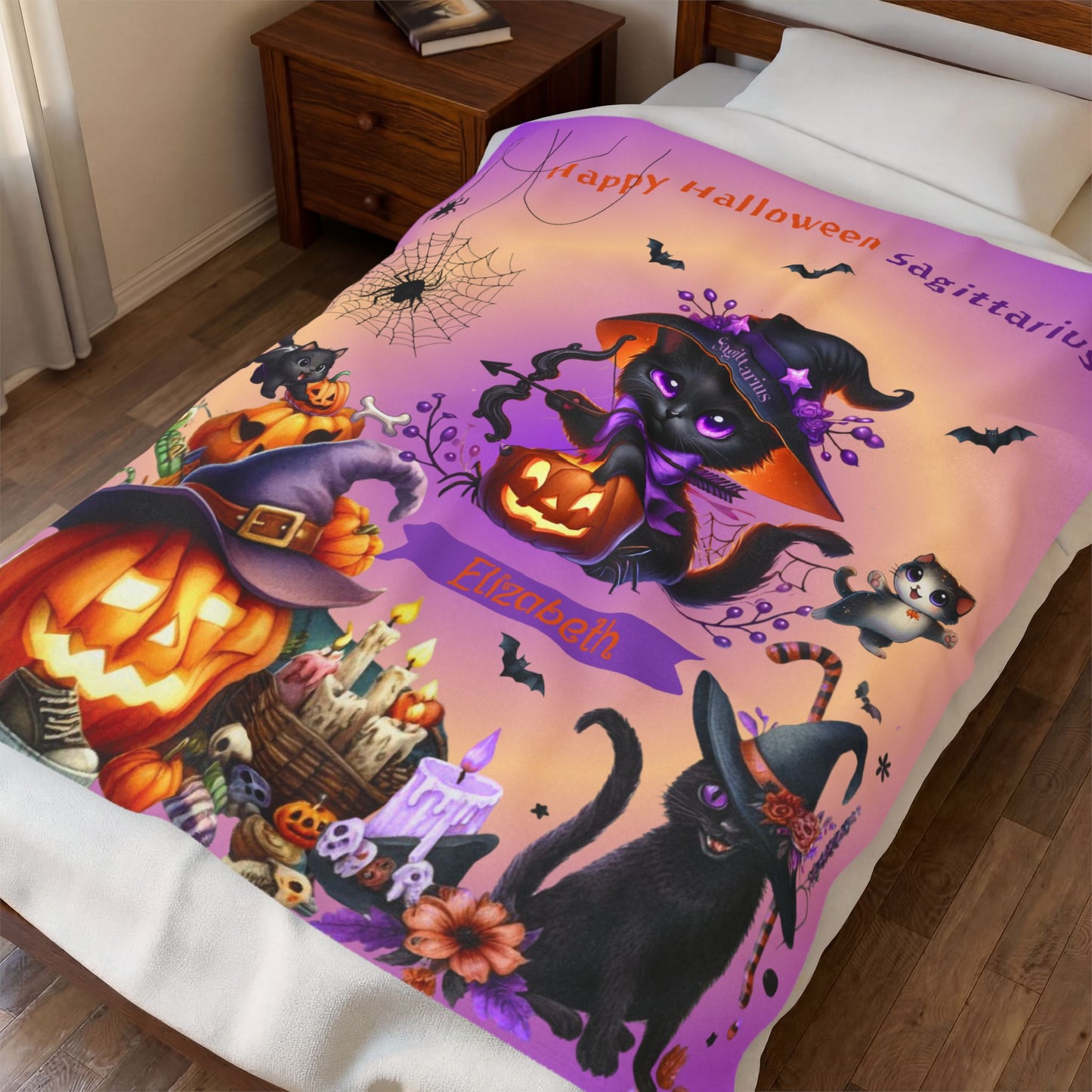 Personalized Sagittarius Halloween Blanket for Girls, Custom Name Zodiac Toddler Halloween Throw