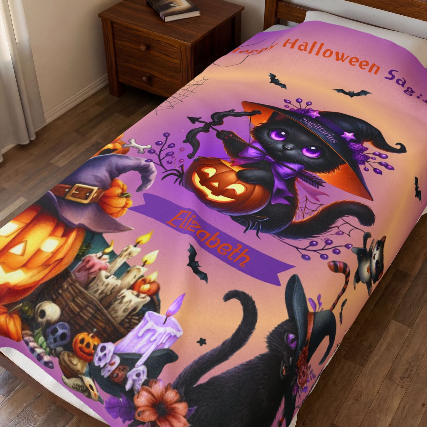 Personalized Sagittarius Halloween Blanket for Girls, Custom Name Zodiac Toddler Halloween Throw