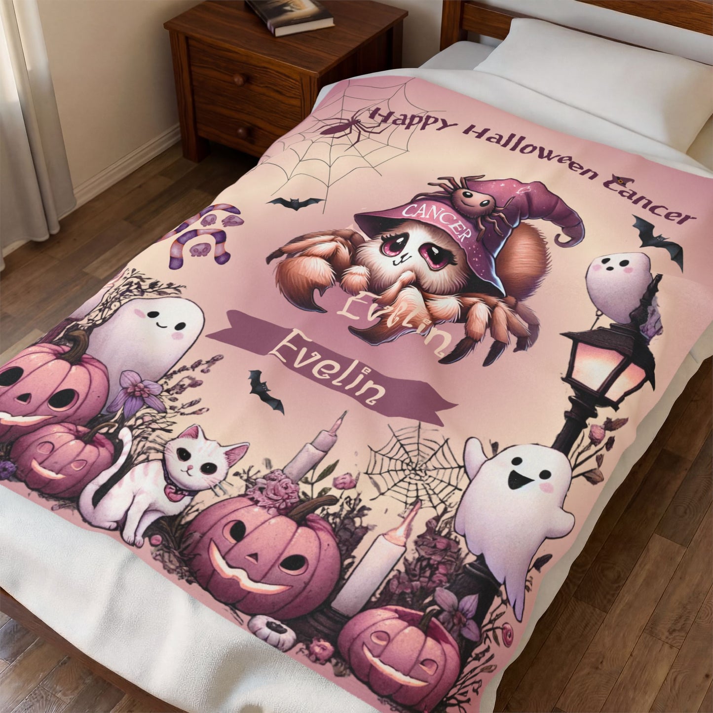 Personalized Cancer Halloween Blanket for Girls, Custom Name Zodiac Toddler Halloween Throw