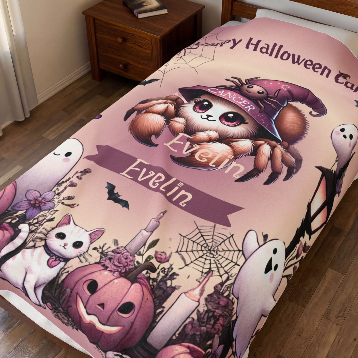 Personalized Cancer Halloween Blanket for Girls, Custom Name Zodiac Toddler Halloween Throw