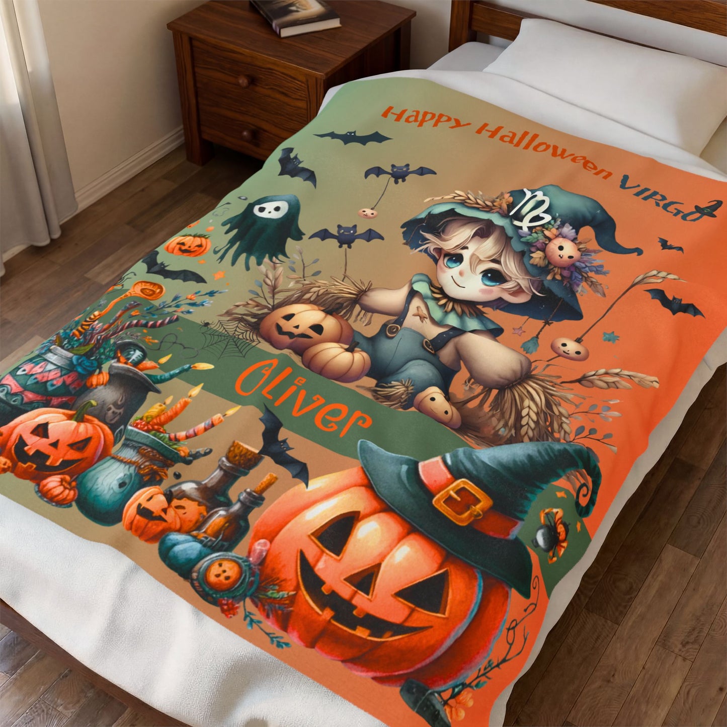 Personalized Virgo Halloween Blanket for Boys, Custom Name Zodiac Toddler Halloween Throw