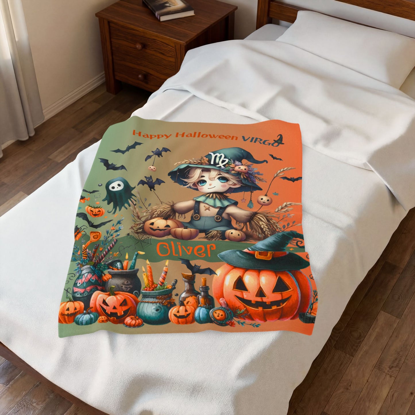 Personalized Virgo Halloween Blanket for Boys, Custom Name Zodiac Toddler Halloween Throw