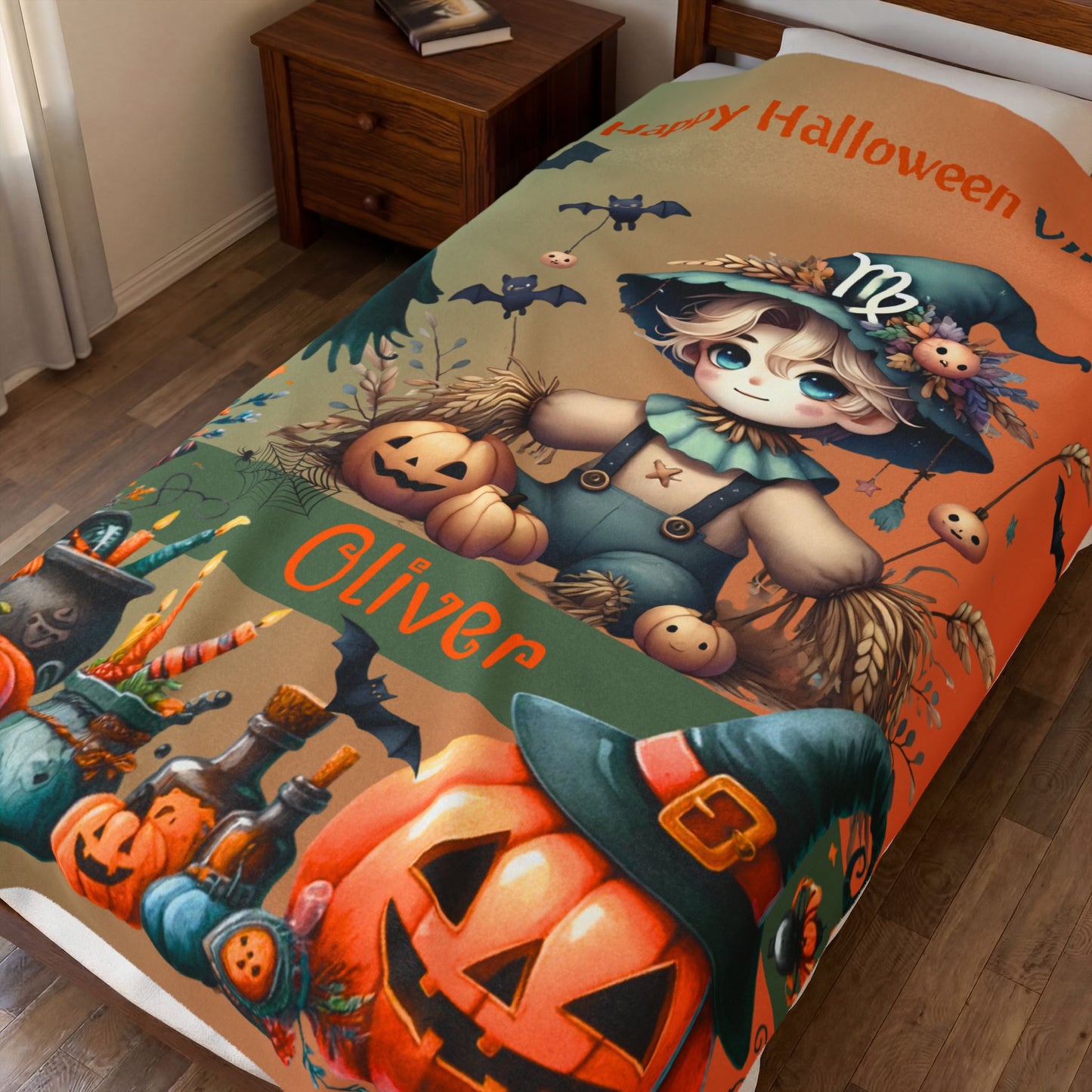 Personalized Virgo Halloween Blanket for Boys, Custom Name Zodiac Toddler Halloween Throw