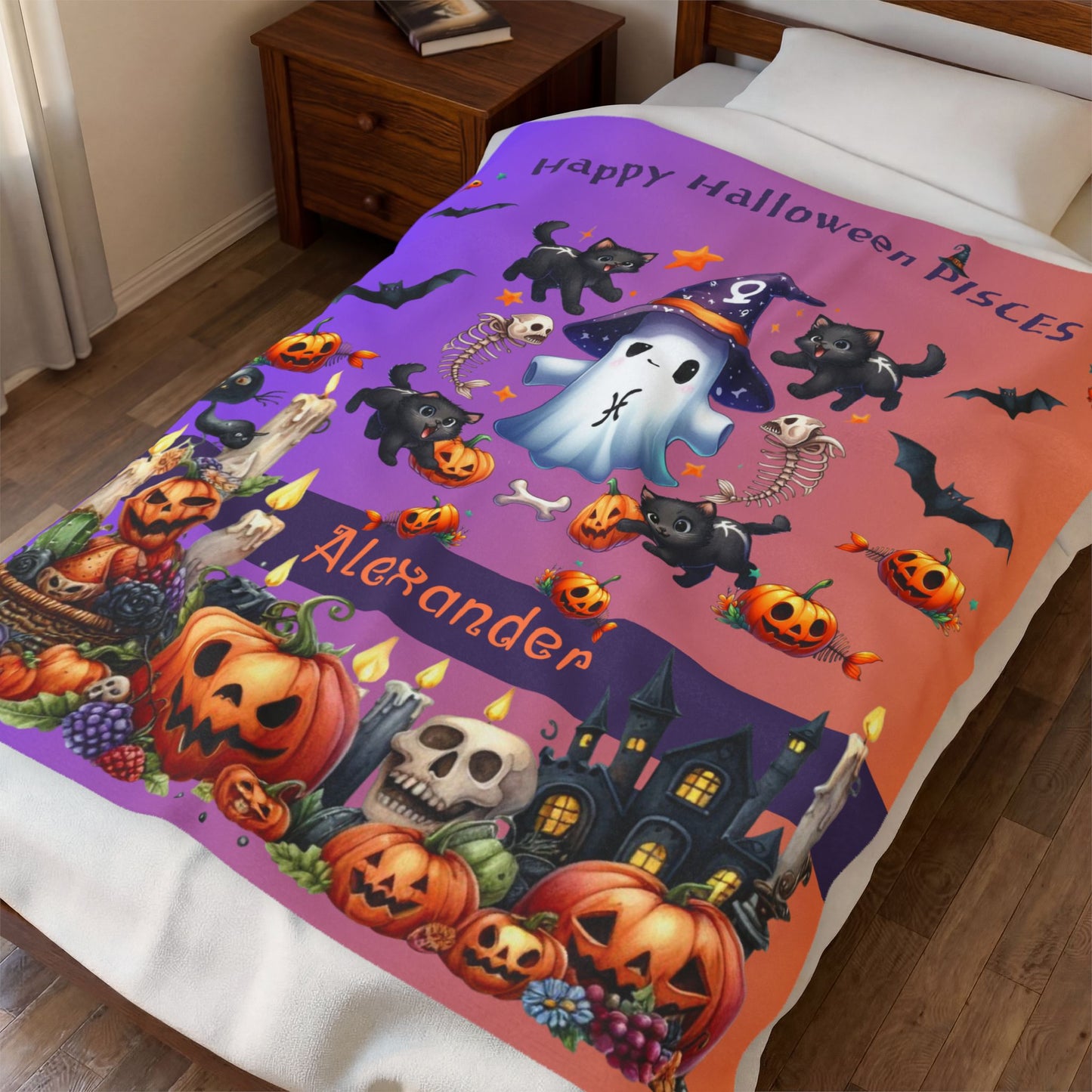 Personalized Pisces Halloween Blanket for Boys, Custom Name Zodiac Toddler  Halloween Throw