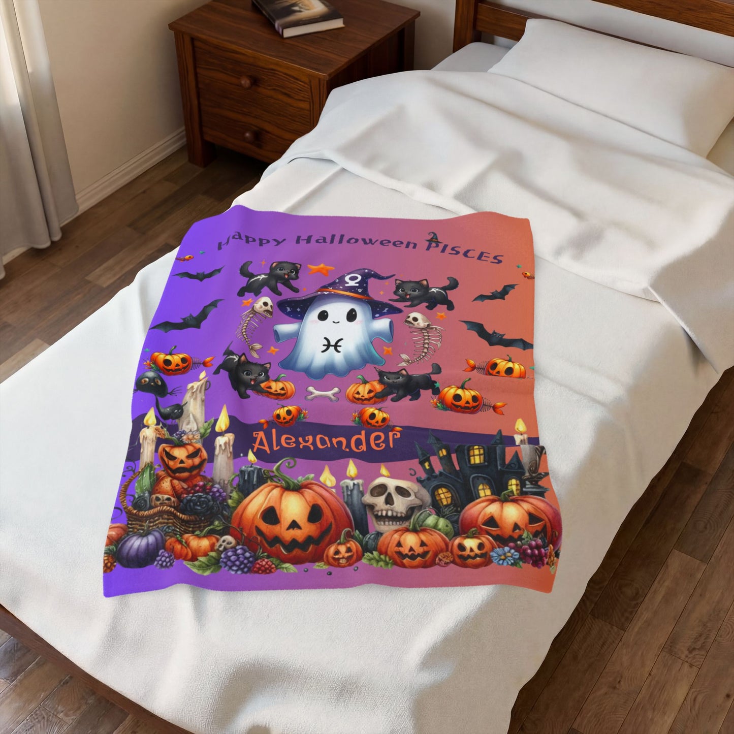 Personalized Pisces Halloween Blanket for Boys, Custom Name Zodiac Toddler  Halloween Throw