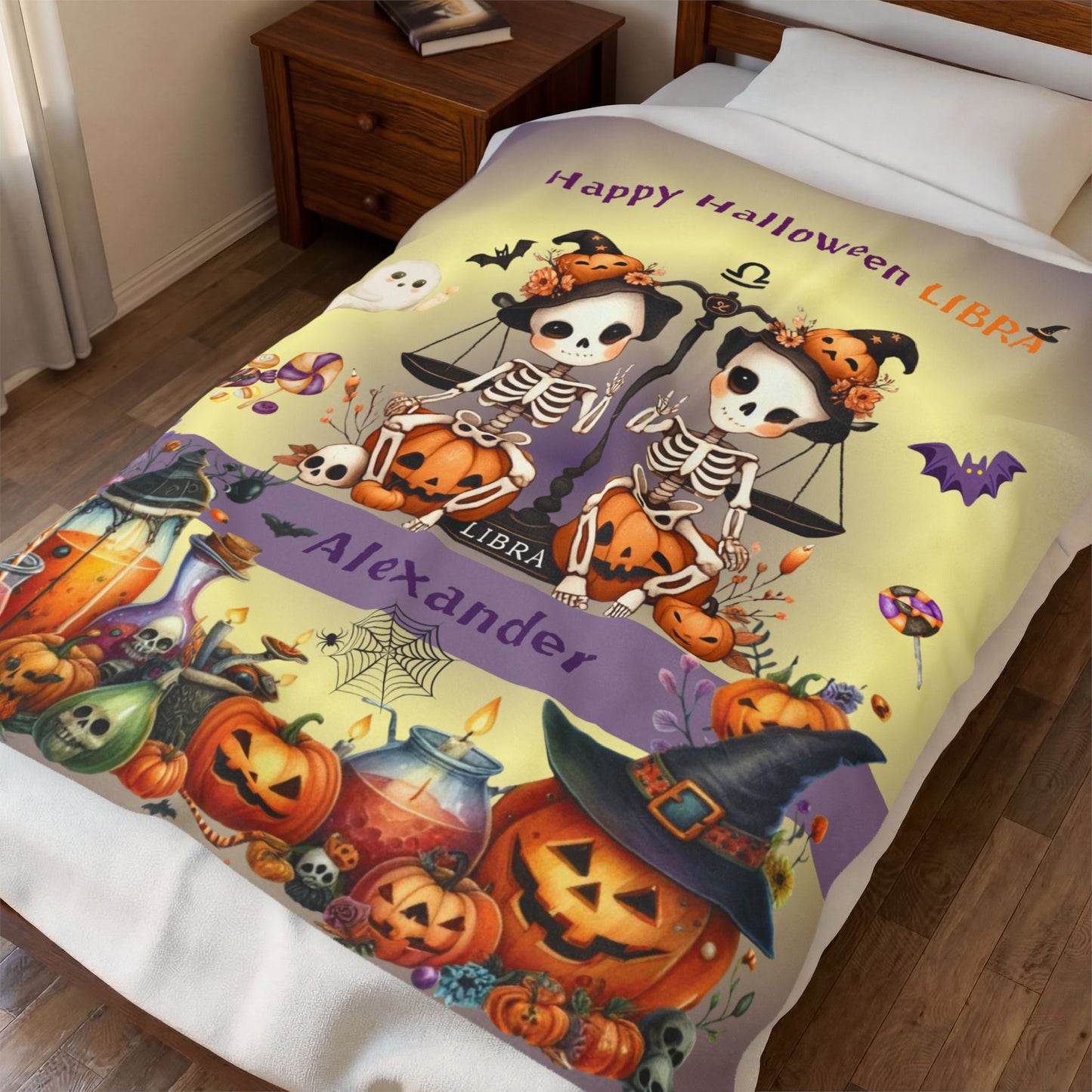 Personalized Libra Halloween Blanket for Boys, Custom Name Zodiac Toddler Halloween Throw