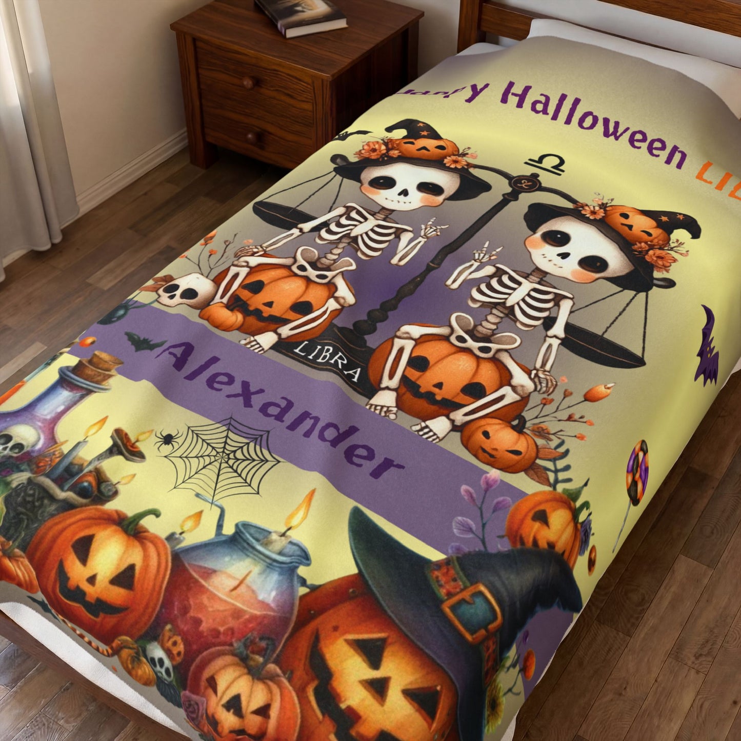 Personalized Libra Halloween Blanket for Boys, Custom Name Zodiac Toddler Halloween Throw