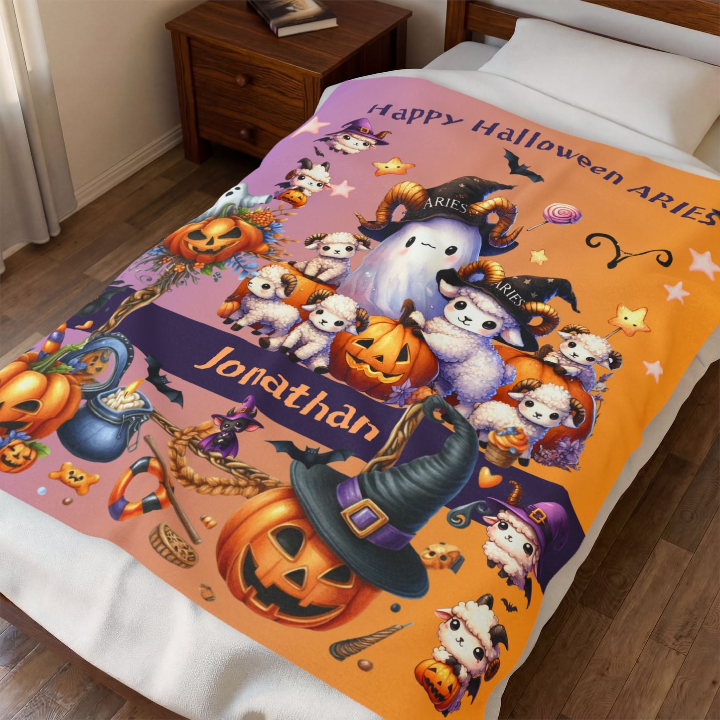 Personalized Aries Halloween Blanket for Boys, Custom Name Zodiac Toddler Halloween Throw