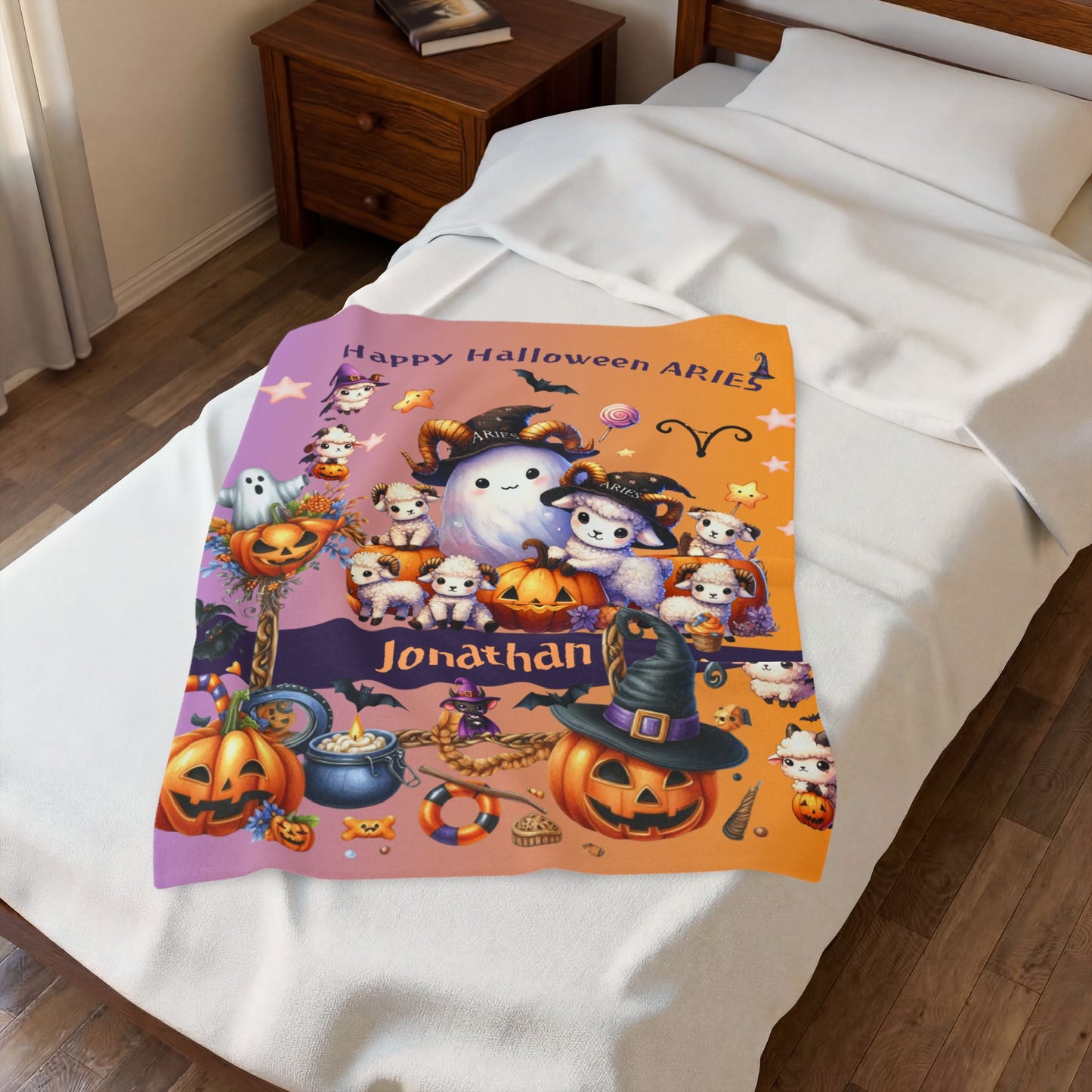 Personalized Aries Halloween Blanket for Boys, Custom Name Zodiac Toddler Halloween Throw