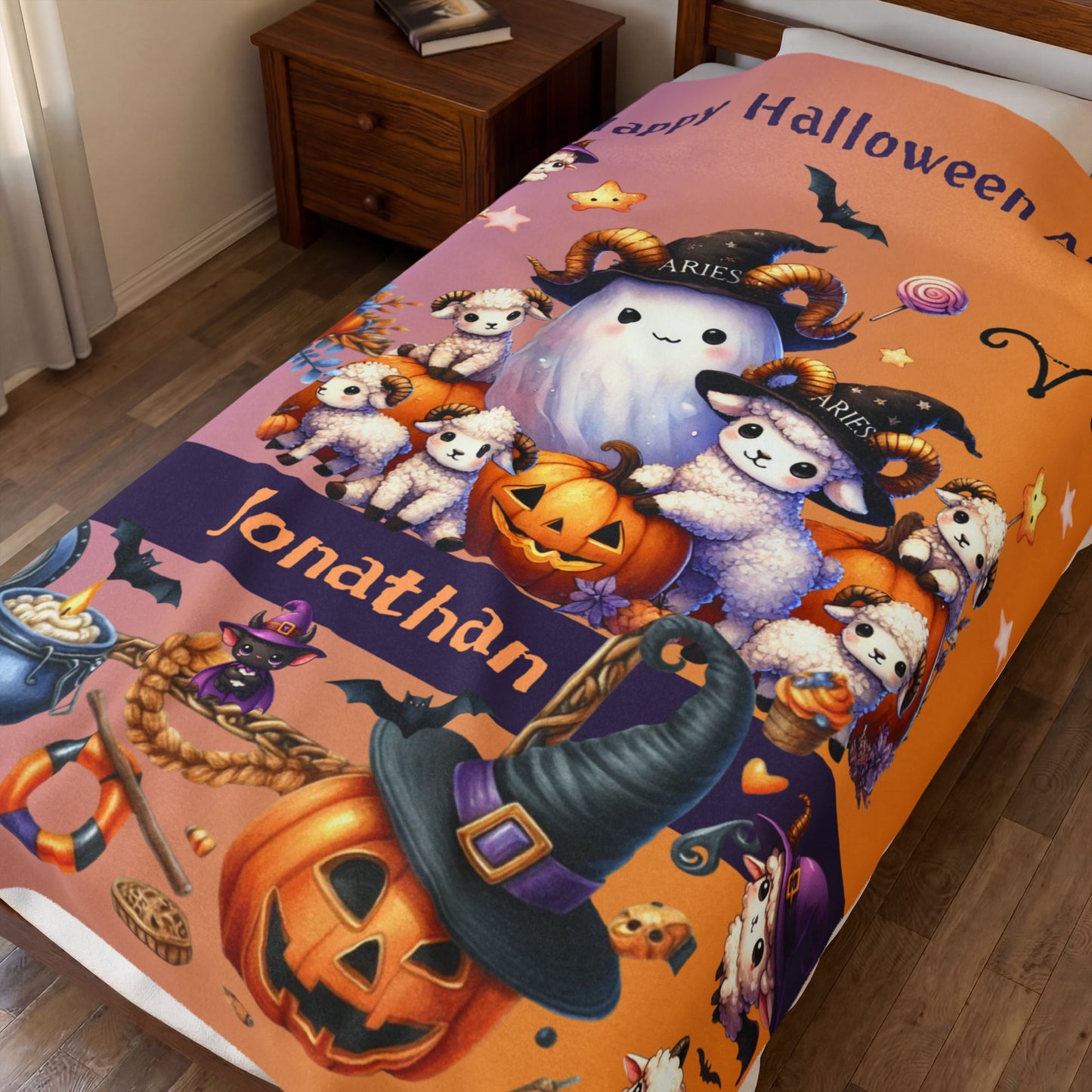Personalized Aries Halloween Blanket for Boys, Custom Name Zodiac Toddler Halloween Throw