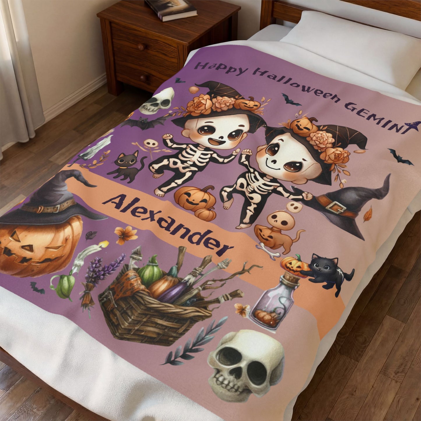 Personalized Gemini Halloween Toddler Boy Blanket. Custom name zodiac Gift