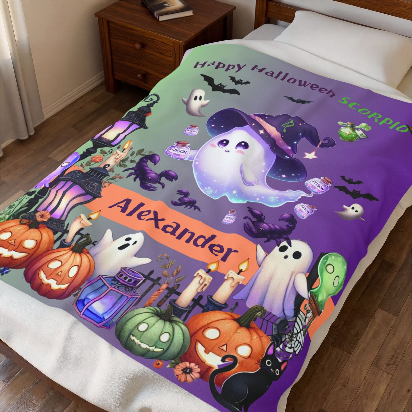 Personalized Scorpio Halloween Toddler Boy Blanket. Custom name zodiac Halloween gift.