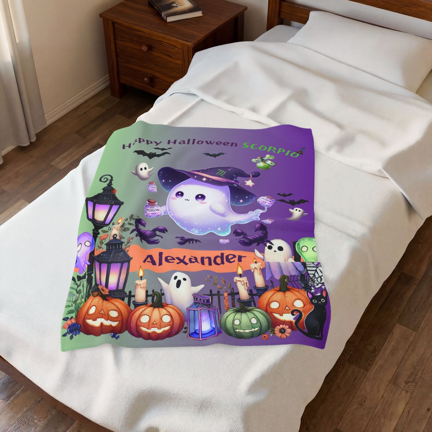 Personalized Scorpio Halloween Toddler Boy Blanket. Custom name zodiac Halloween gift.