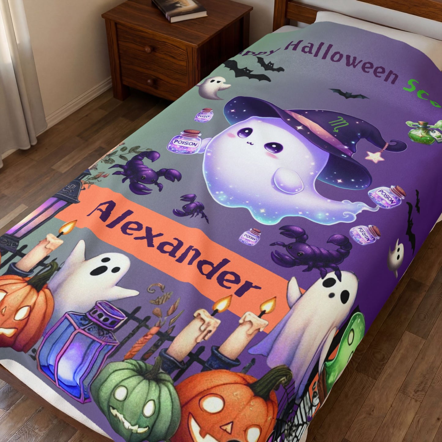 Personalized Scorpio Halloween Toddler Boy Blanket. Custom name zodiac Halloween gift.