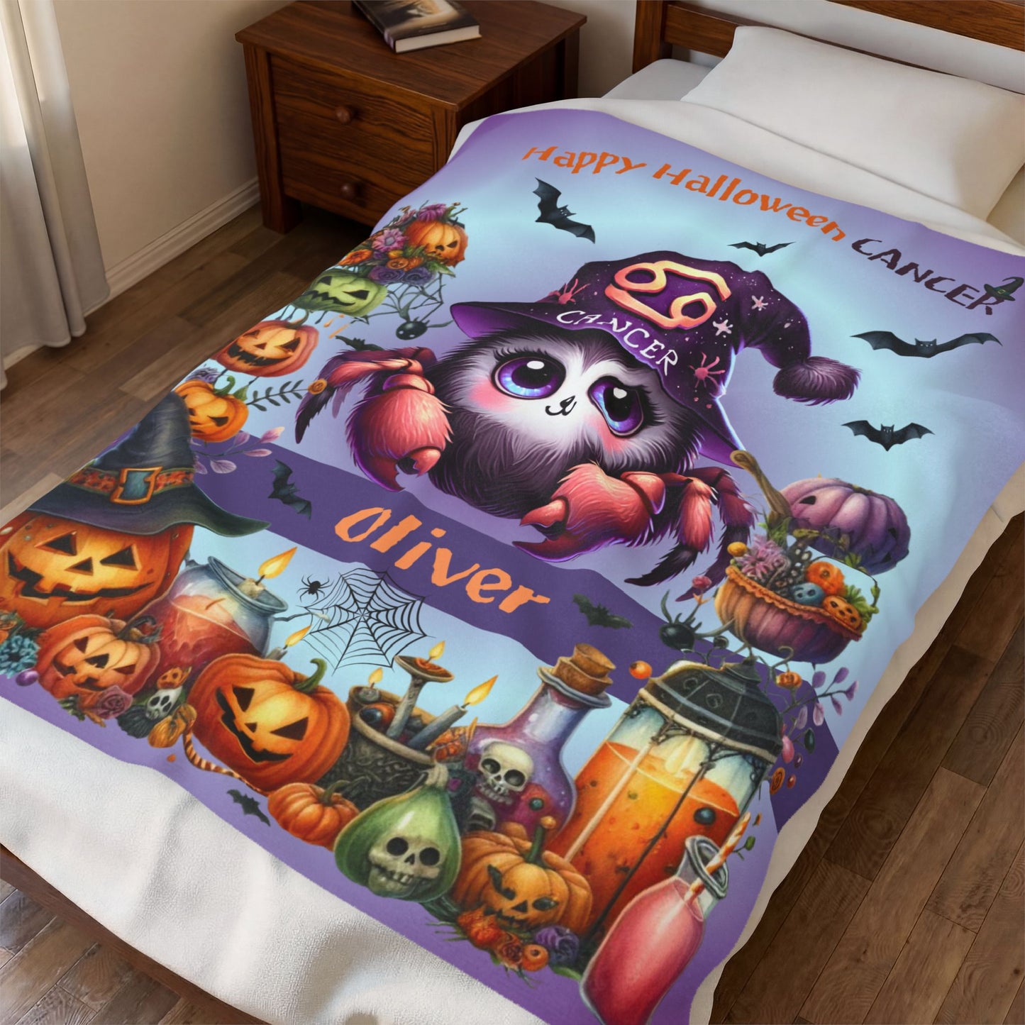 Personalized Cancer Halloween Toddler Boy Blanket. Custom name zodiac Gift.