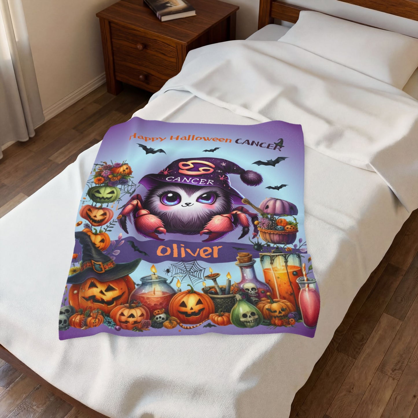 Personalized Cancer Halloween Toddler Boy Blanket. Custom name zodiac Gift.