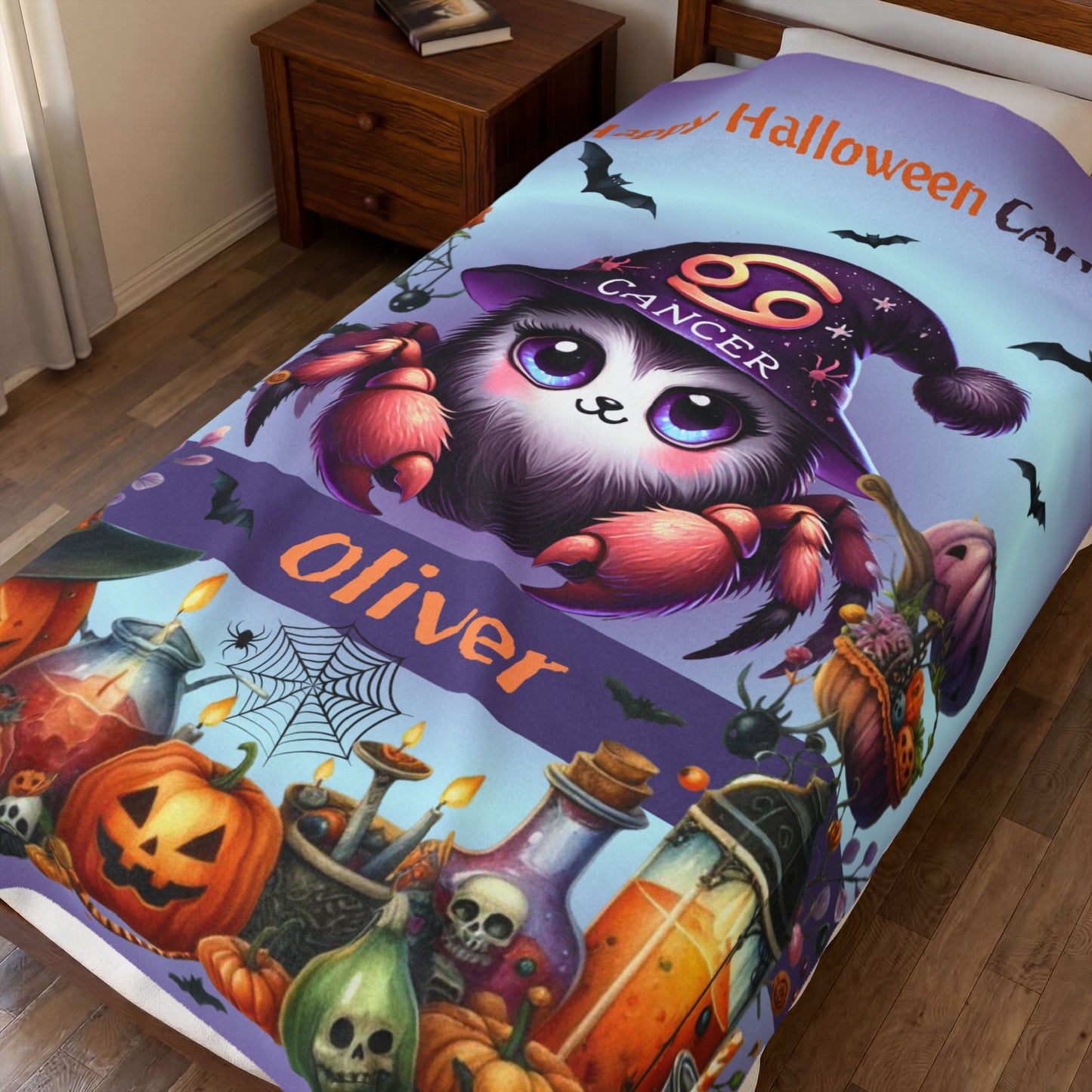Personalized Cancer Halloween Toddler Boy Blanket. Custom name zodiac Gift.