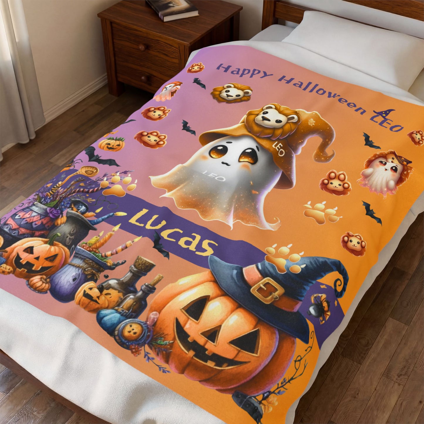 Personalized Leo Halloween blanket for boys, Custom name zodiac toddler Halloween Gift.