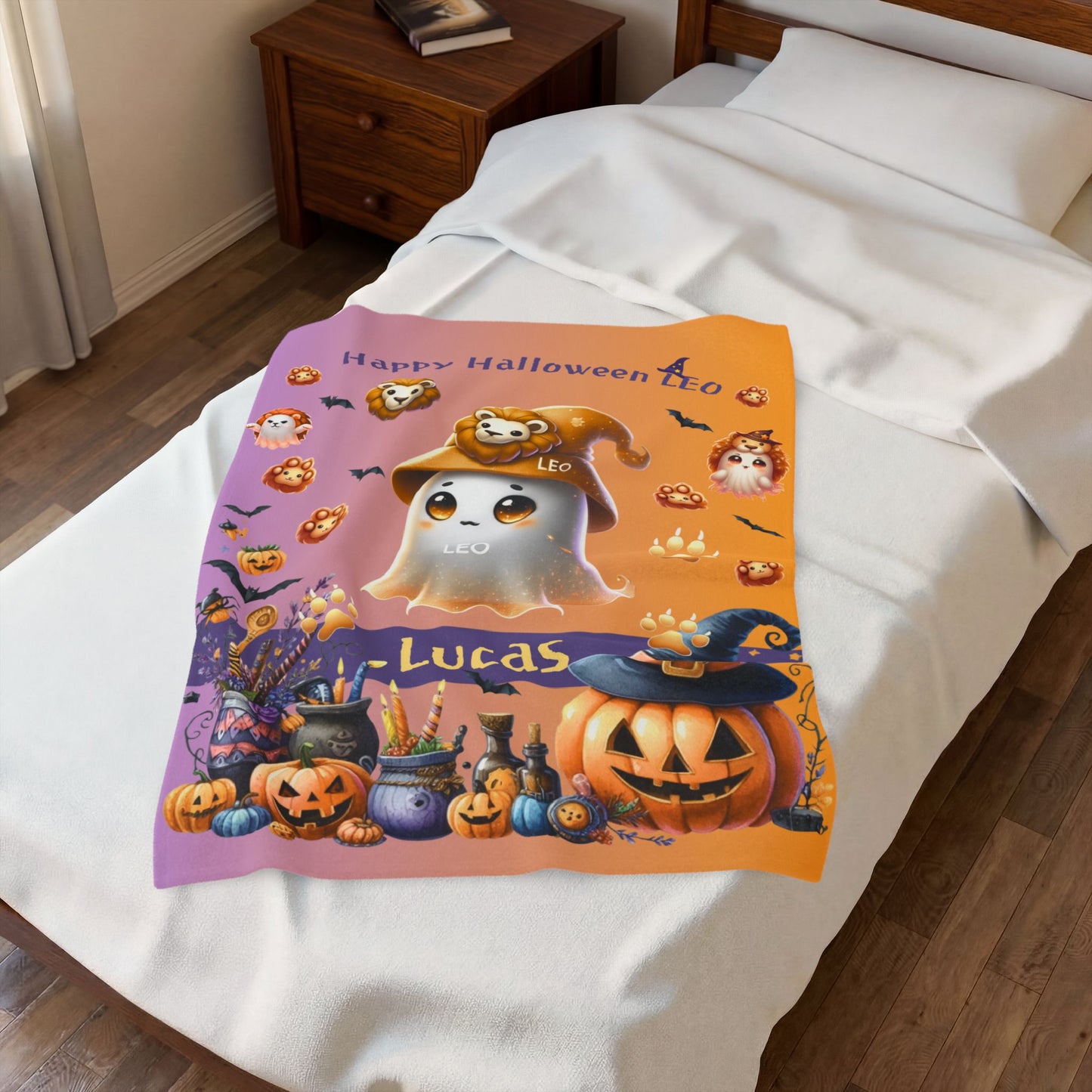 Personalized Leo Halloween blanket for boys, Custom name zodiac toddler Halloween Gift.