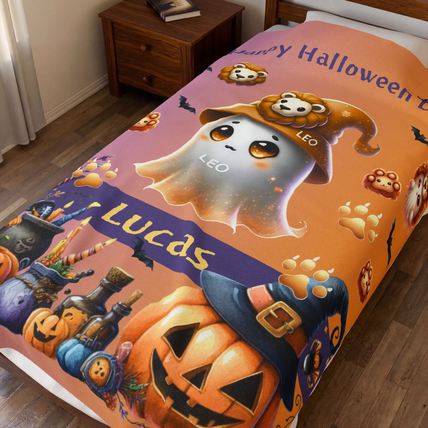 Personalized Leo Halloween blanket for boys, Custom name zodiac toddler Halloween Gift.