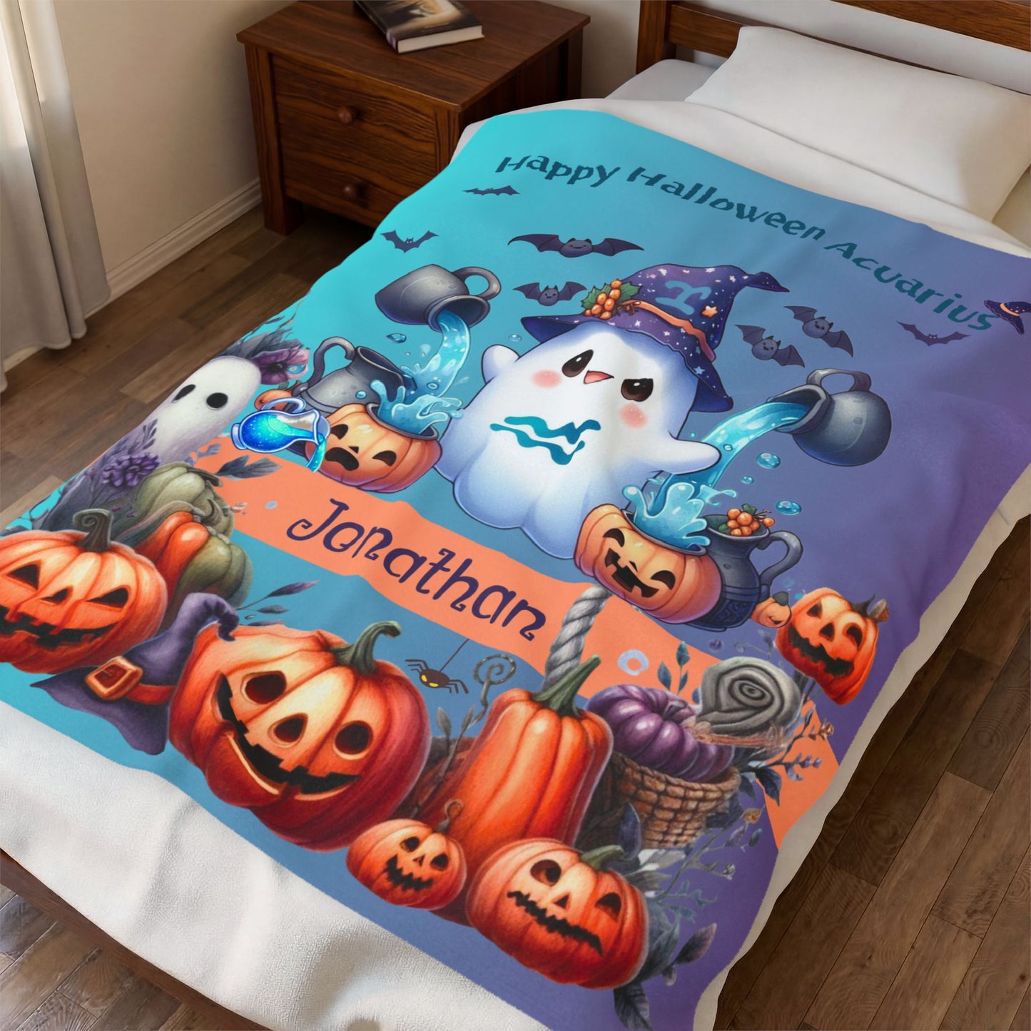 Personalized Aquarius Halloween Toddler Boy Blanket, Custom Name Zodiac Gift