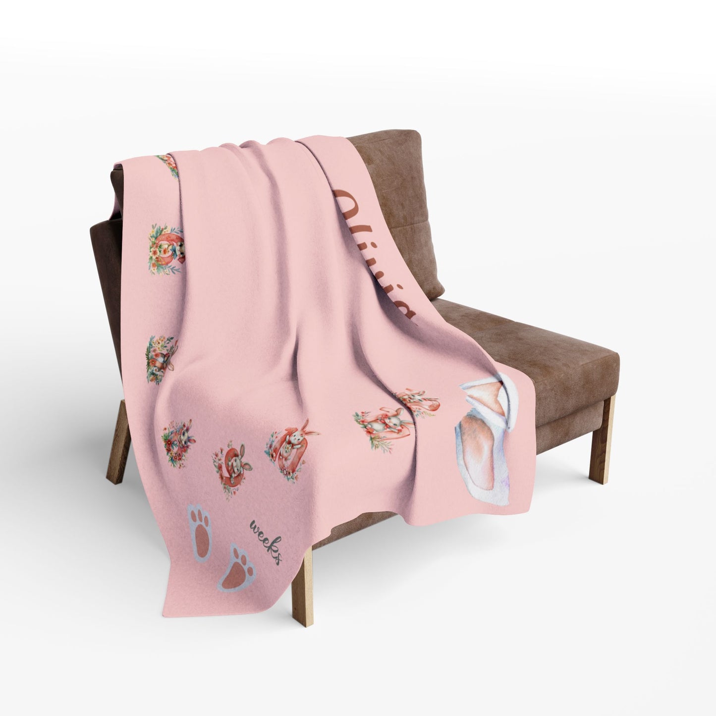 Personalized Bunny Milestone Baby Girl Blanket, Soft Velveteen Plush Fleece