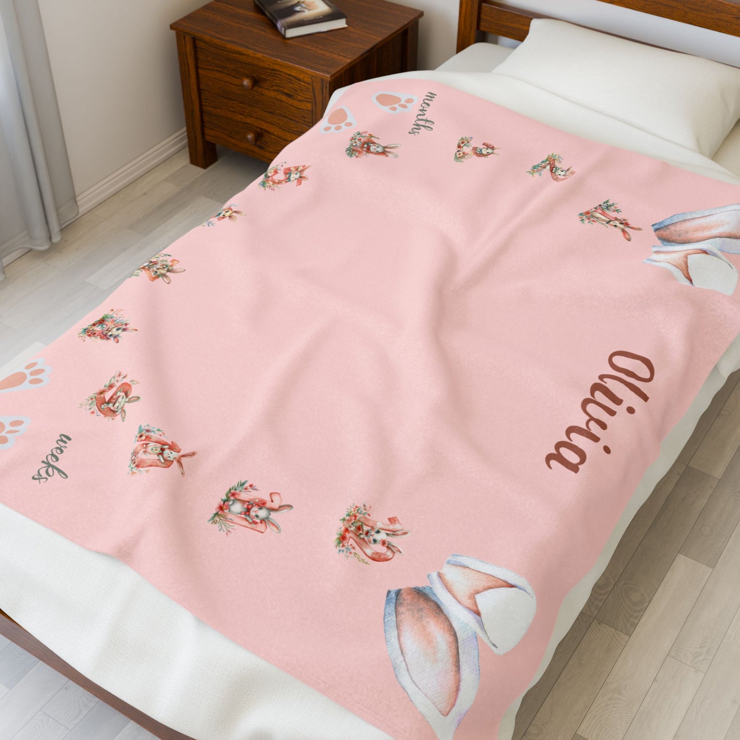Personalized Bunny Milestone Baby Girl Blanket, Soft Velveteen Plush Fleece