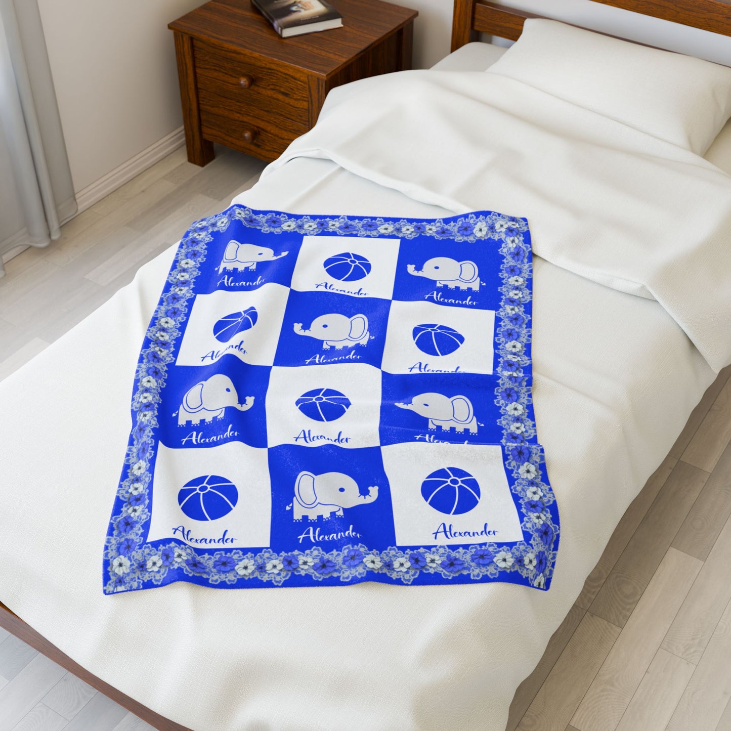 Personalized Name Baby Boy Blanket,  Soft Fleece, Custom Nursery Blanket,elephant and ball pattern