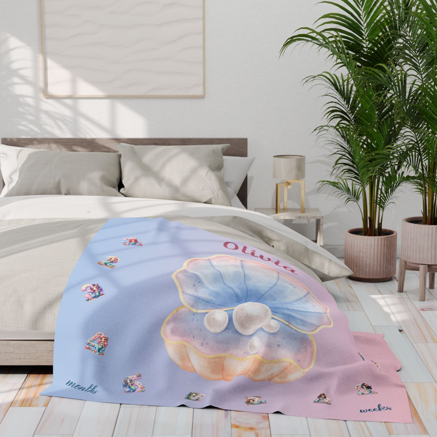 Personalized Seashell Milestone Baby Blanket – Soft Velveteen Plush Fleece