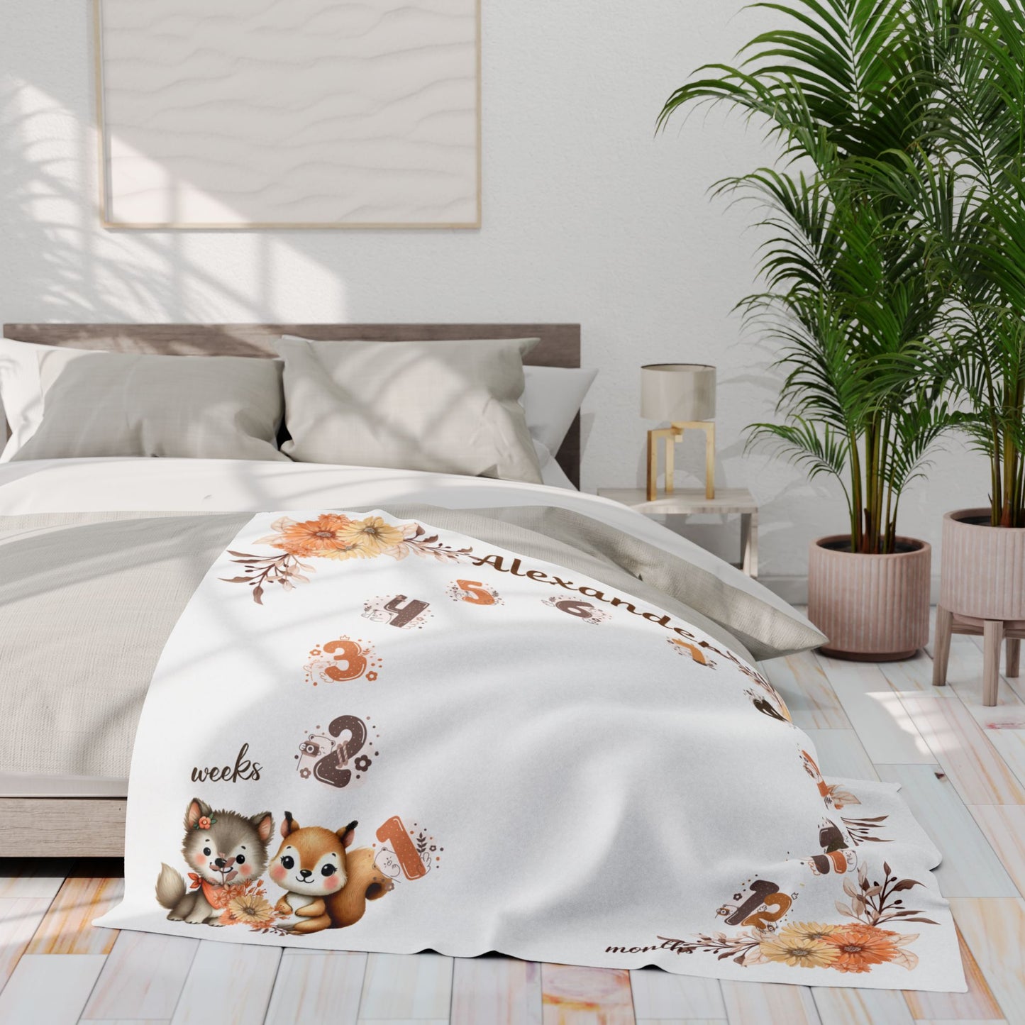 Personalized Woodland Animal Milestone Baby Boy Blanket – Soft Velveteen Plush Fleece