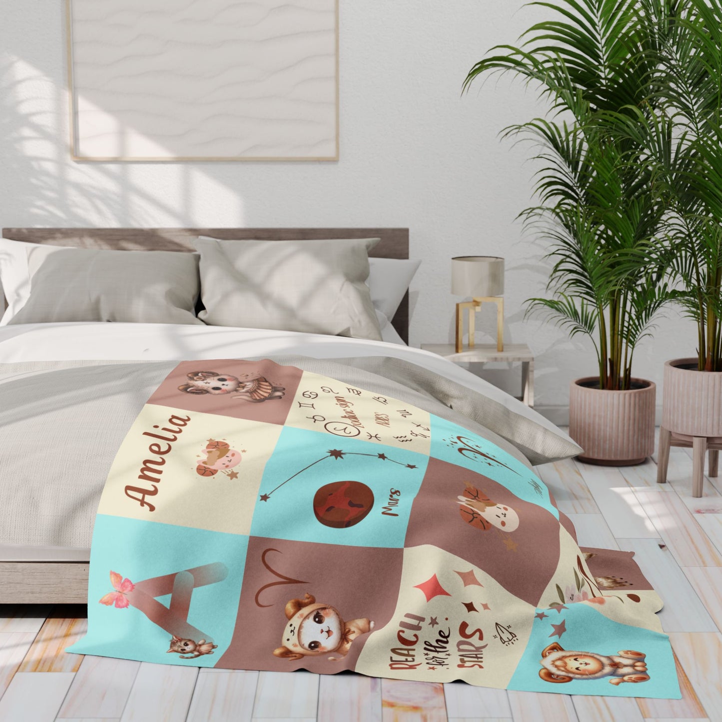 Personalized Aries Zodiac Baby Blanket – Girl Velveteen Plush Blanket, Astrology Nursery Throw, Custom Name Zodiac Sign Gift for Baby Gir