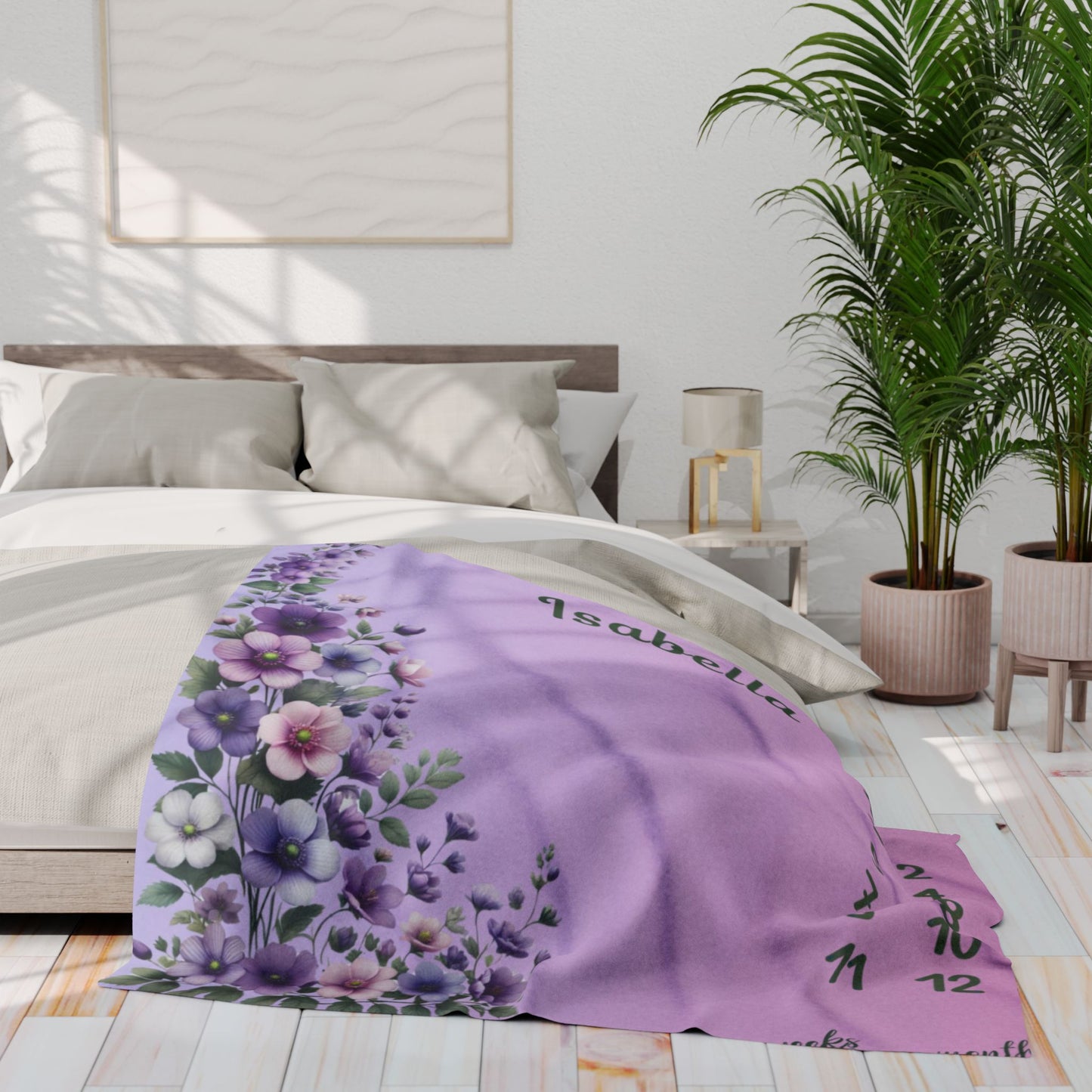 Personalized Floral Milestone Baby Blanket, Soft Velveteen Plush blanket