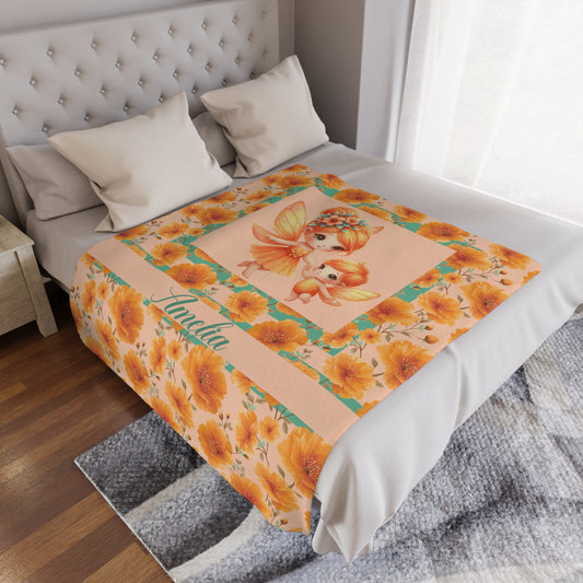 Fairy Flowers Name Girl Minky Blanket