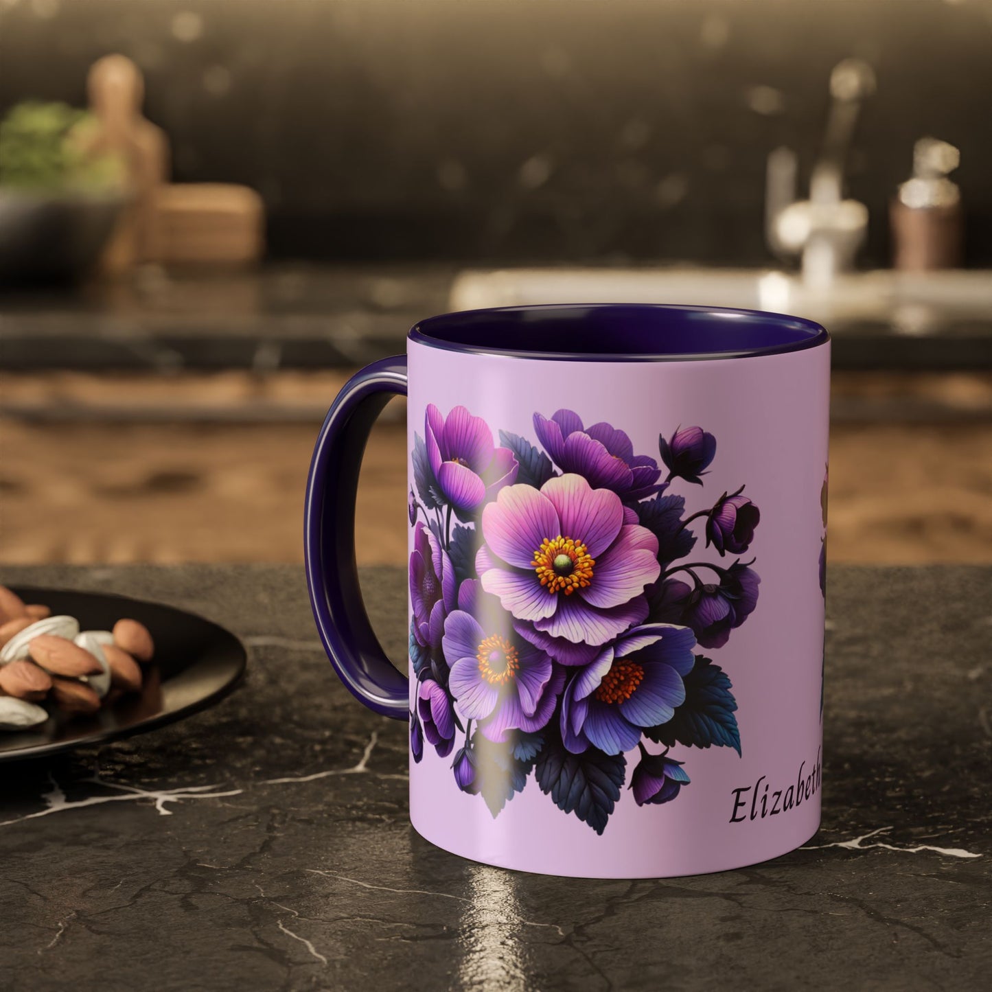 Purple mug with floral design on a kitchen counter