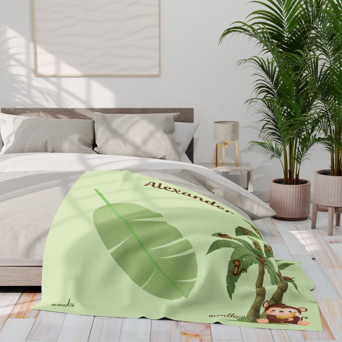 Personalized Jungle Monkey Milestone Baby Boy Blanket – Soft Velveteen Plush Fleece