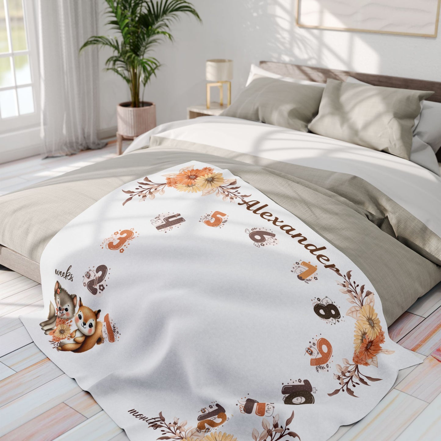 Personalized Woodland Animal Milestone Baby Boy Blanket – Soft Velveteen Plush Fleece