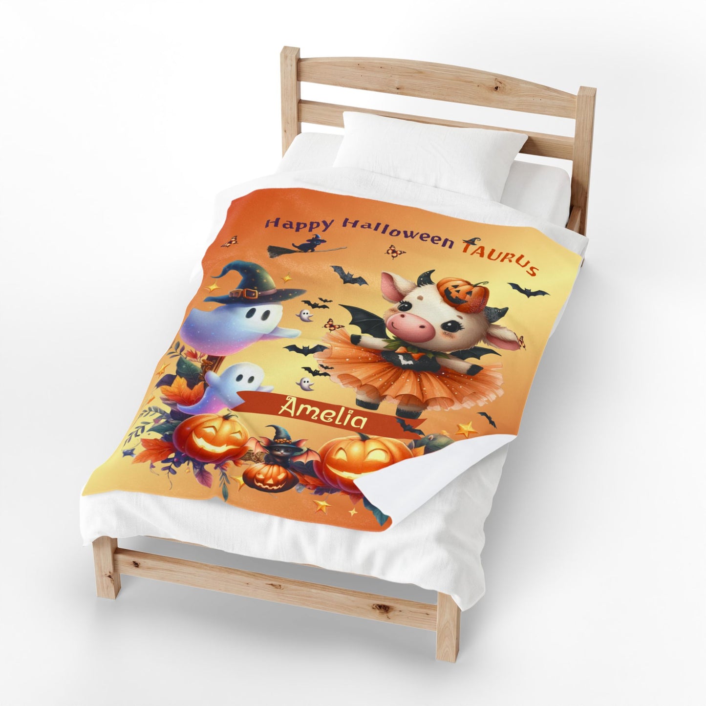 Personalized Taurus Halloween Blanket for Girls, Custom Name Zodiac Toddler Halloween Gift