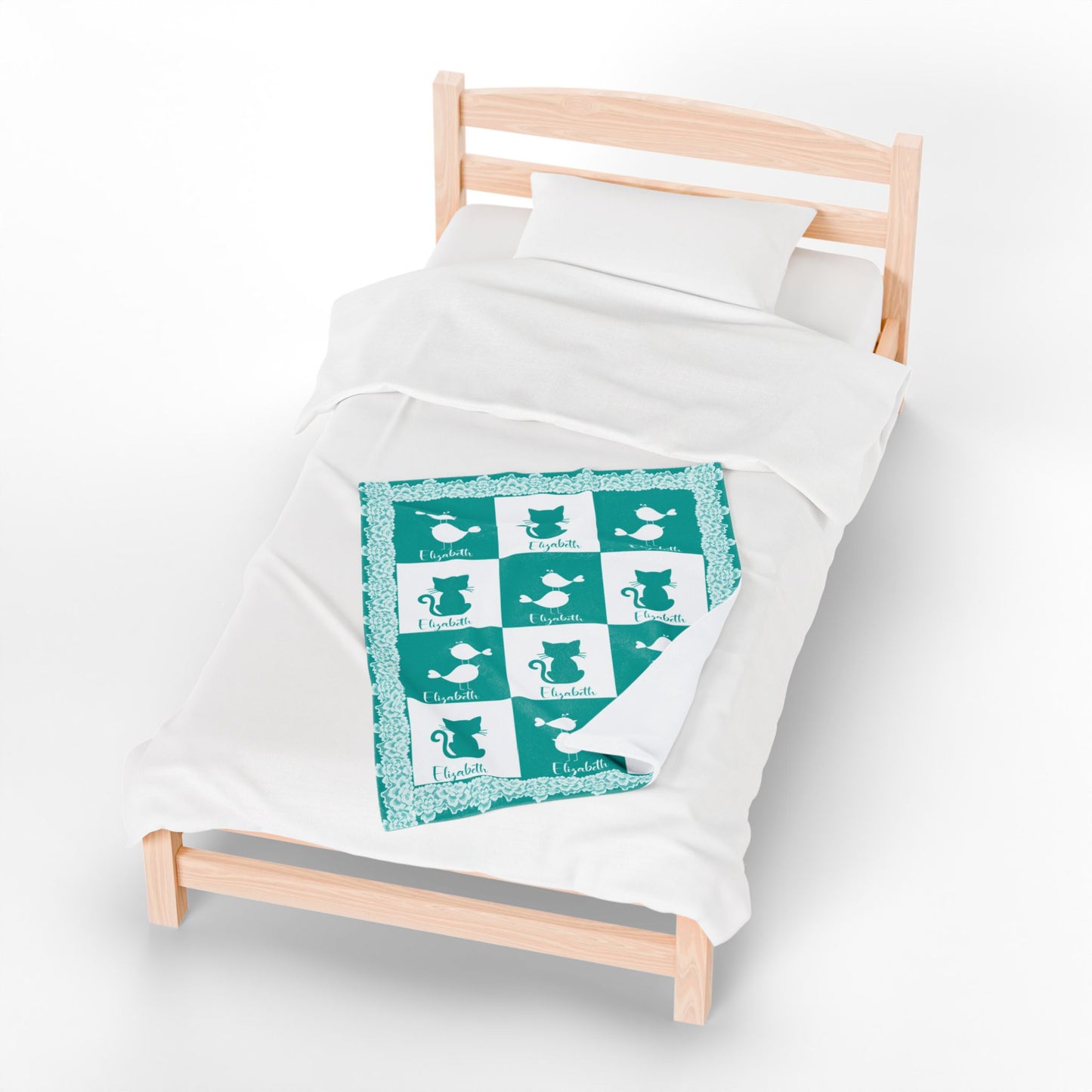 Personalized Baby Fleece Blanket | Custom Name Cat & Bird Blanket |