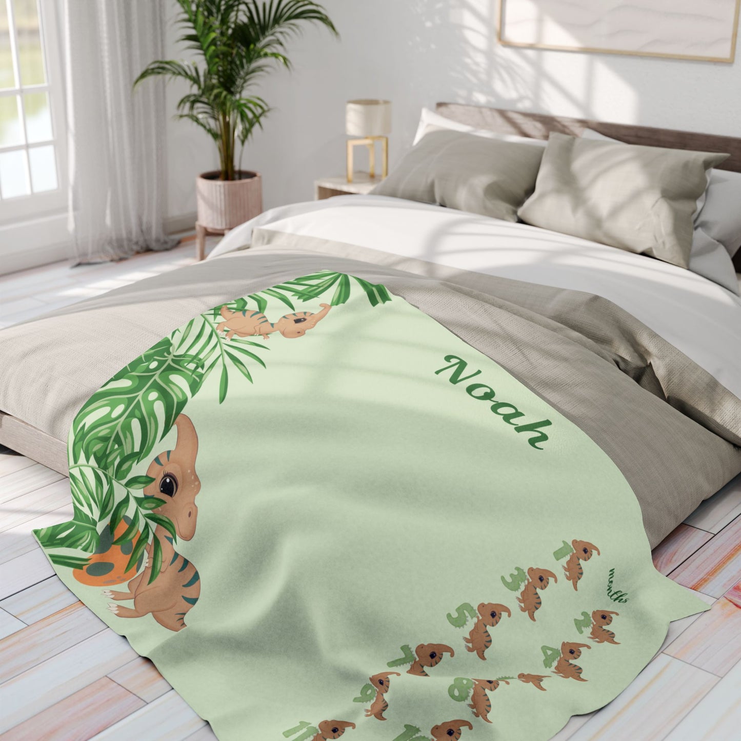 Personalized Dinosaur Milestone Baby Boy Blanket, Velveteen Plush Fleece