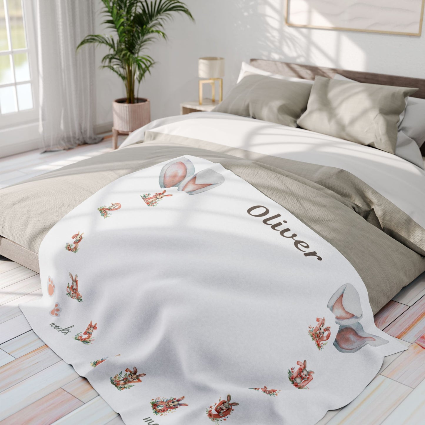 Personalized Bunny Ear Milestone Baby Boy Blanket – Soft Velveteen Plush Fleece