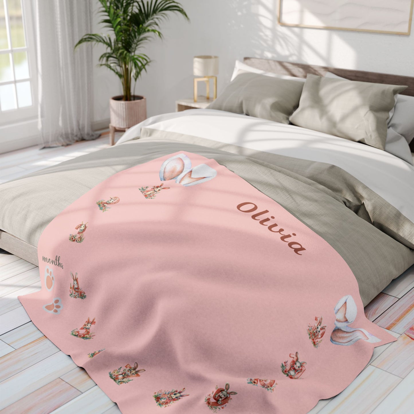 Personalized Bunny Milestone Baby Girl Blanket, Soft Velveteen Plush Fleece