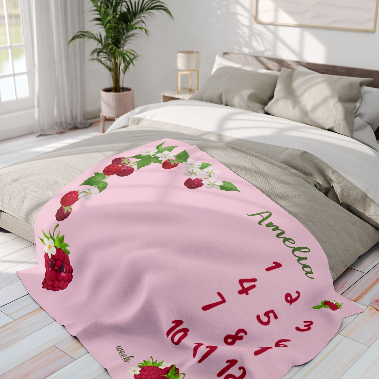 Personalized Raspberry Milestone Baby Blanket, Soft Velveteen Plush Fleece