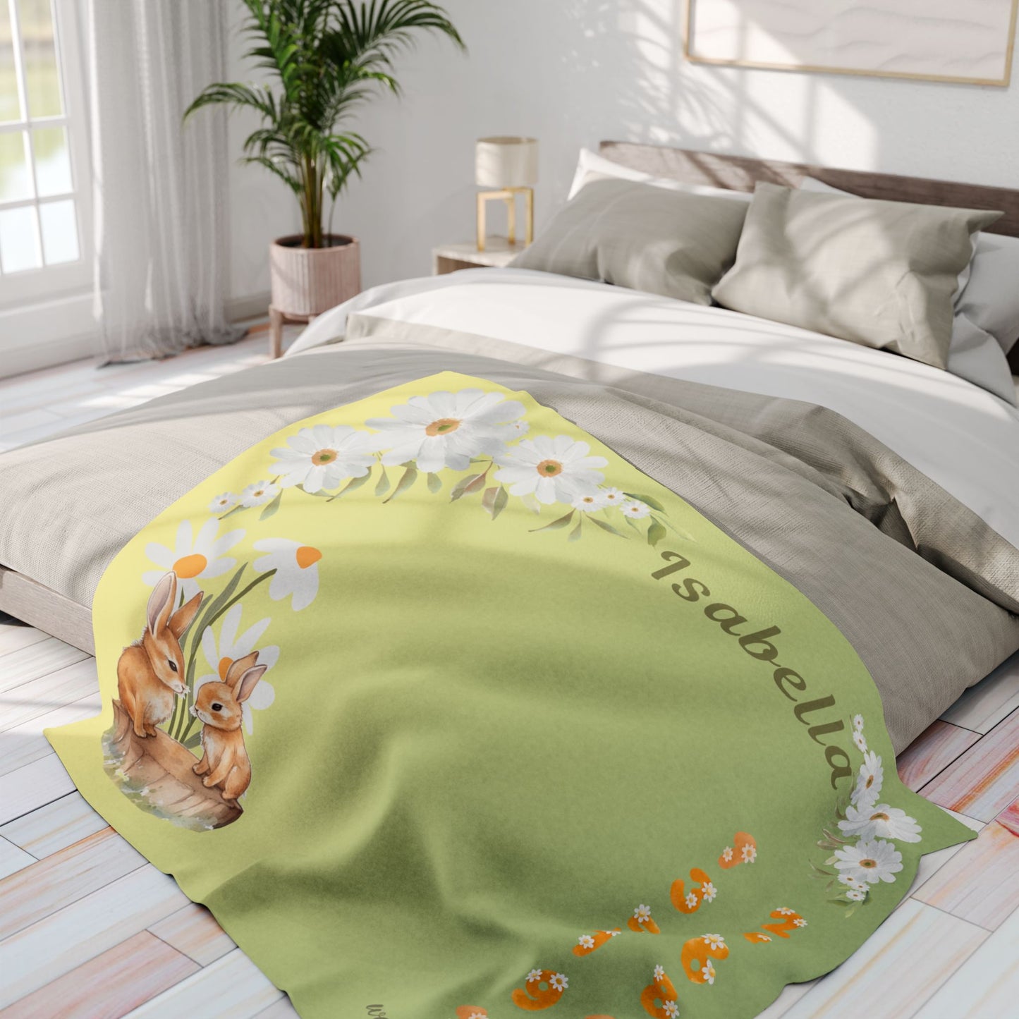 Personalized Daisy Bunny Milestone Baby Blanket, Soft Velveteen Plush Fleece