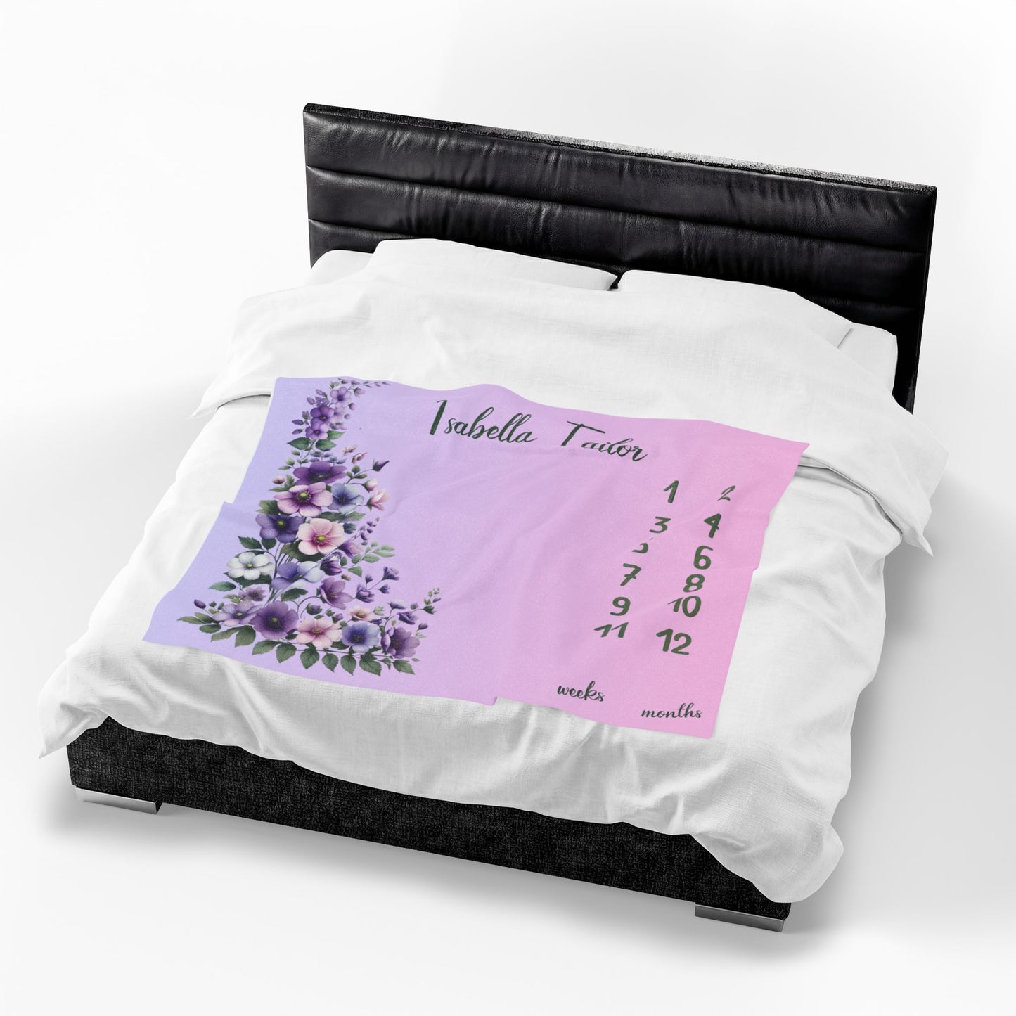 Personalized Floral Milestone Baby Blanket, Soft Velveteen Plush blanket