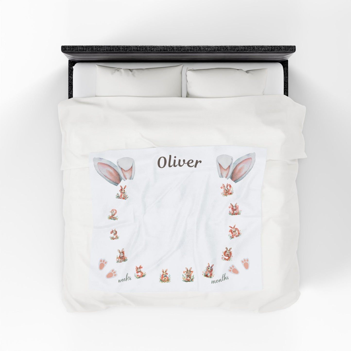 Personalized Bunny Ear Milestone Baby Boy Blanket – Soft Velveteen Plush Fleece